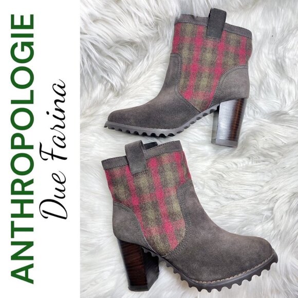 ANTHROPOLOGIE DUE FARINA Suede Platform Red Plaid Bootie, Size 7 - Picture 1 of 12